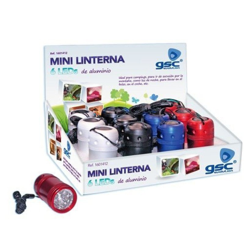 Linterna aluminio 6 led colores c/pilas -mini-
