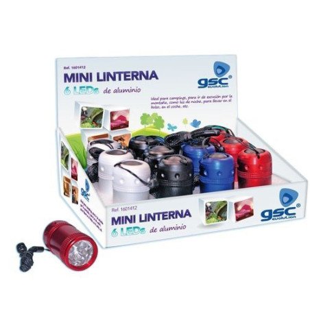 Linterna aluminio 6 led colores c/pilas -mini-