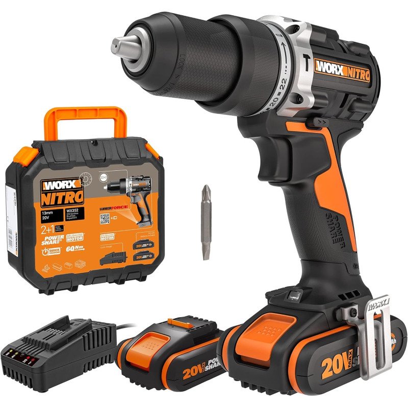 Taladro percutor worx wx352 -2bat 20v 2ah + cargador- brushless